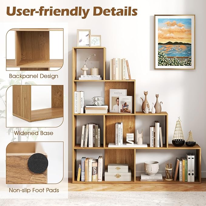 Tangkula 4-Tier Stepped Bookshelf, Freestanding 6 Cubes Ladder Bookcase with Anti-Tipping Kits, 64" Tall Modern Wooden Storage Display Rack for Home Office Living Room Study (2, Natural)