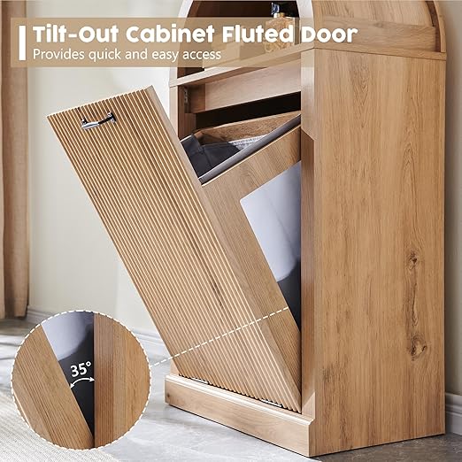 Arched Tilt-Out Trash Can Cabinet, Fluted 10 Gallon Trash Can Cabinet Set of 2, Modern Laundry Hamper, Hidden Garbage with Storage Basket for Kitchen, Living Room, Natural