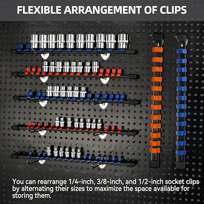 Socket Organizer Drive ABS Tools - Orange Socket Holder, Premium Quality 12 Pieces Socket Holders Kit 1/4-Inch x 64 Clips, 3/8-Inch x 60 Clips, 1/2-Inch x 48 Clips（12PC,Orange)