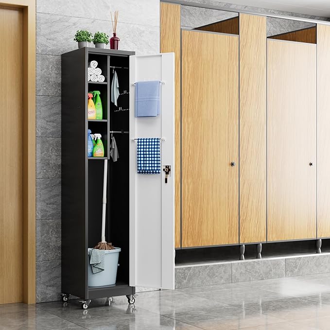 Aobabo 72" H Storage Cabinet with Wheels, Lockable Metal Cleaning Tool Cabinet with Hooks, Cleaning Supplies for Broom Rack Shelf for Broom mops Garage Storage, Assembly Required, Black Gray