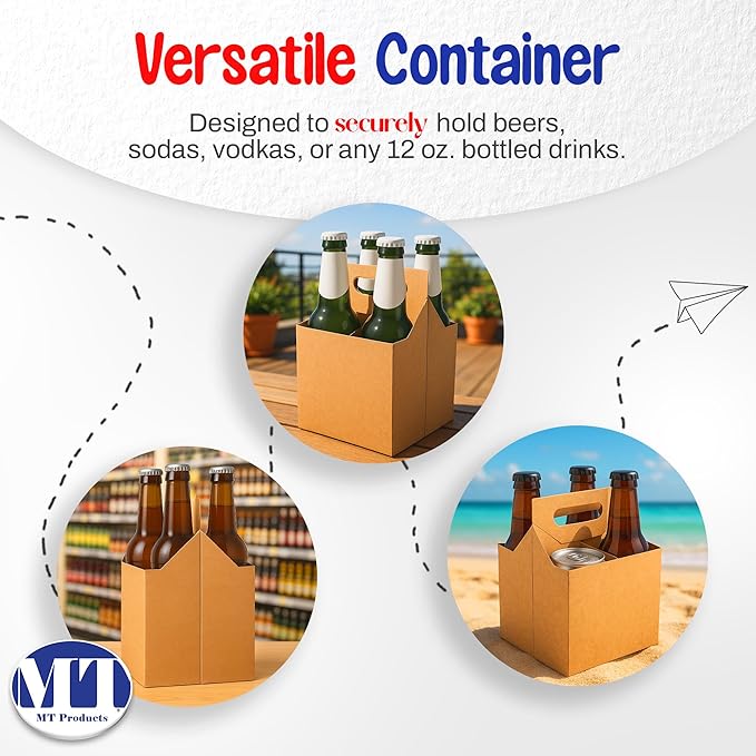 MT Products Brown 4 Bottle Holder 12 oz. each - Disposable Bottle Carrier for Transport (Pack of 10) - Made in USA