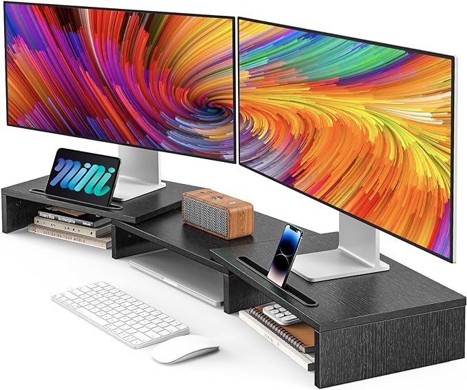 AMERIERGO Dual Monitor Stand Riser for 2 Monitors, Monitor Stand for Desk, Adjustable Computer Monitor Stand with 2 Slot, Multifunctional Desktop Organizer Stand for Laptop, PC, Computer, Printer