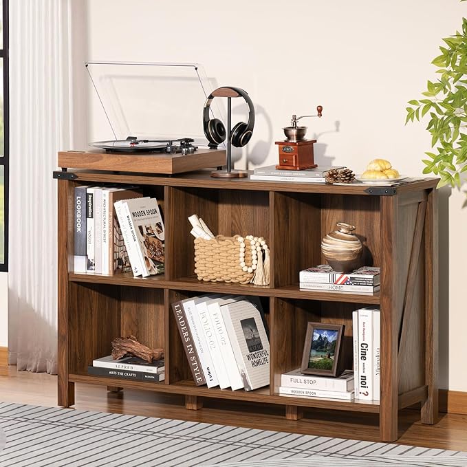 Farmhouse 6 Cube Book Shelf, Wood 3 Tier Storage Organizer Bookshelf, Brown Walnut 47" Horizontal Cubby Bookcase with Legs, Rustic Entryway Book Case, Long Display Cabinet for Bedroom, Office