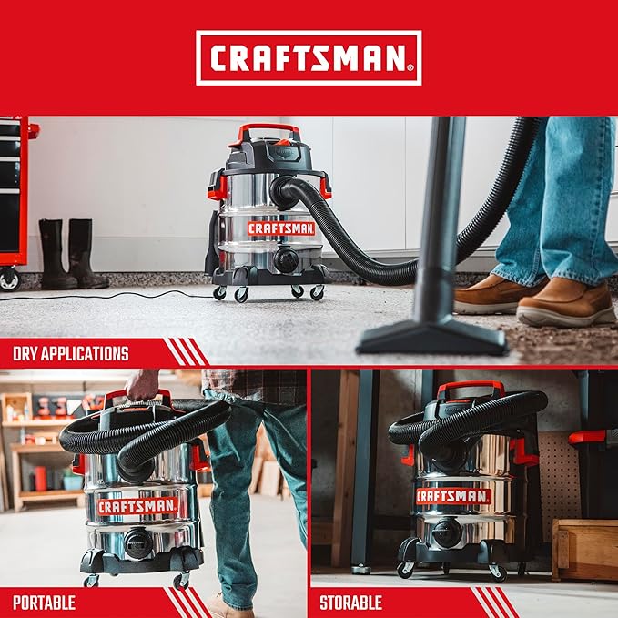 CRAFTSMAN CMXEVBE17155 10 Gallon 6.0 Peak HP Stainless Steel Wet Dry Vac, Portable Shop Vacuum Wet and Dry with Filter, Dust Bags, Hose and Attachments for Home and Garage Use