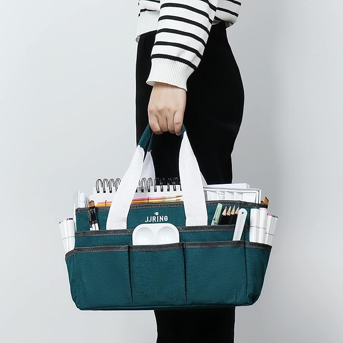 JJRING Craft Organizer Tote Bag for Art Storage, Caddy with Multiple Pockets, Bluish Green Sewing Bag for Scrapbooking, School, Medical, and Office Supplies