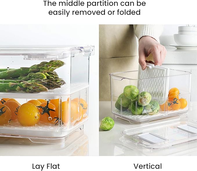 vacane Produce Saver with Lids, 2 Piece Fruit Vegetable Storage Container with Vents Stackable Fridge Drawers Organizer Salad Lettuce Keeper For Refrigerator,Bpa-free Fresh Keeper,5.7L&2.8L