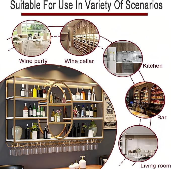 55.1IN Large Wall Mount Wine Rack, Metal 4 Tier Hanging Bottle Holder with Wine Glass Storage Racks, Modern Floating Wine Shelves for Home Bar Dining Room Decoration (Gold)