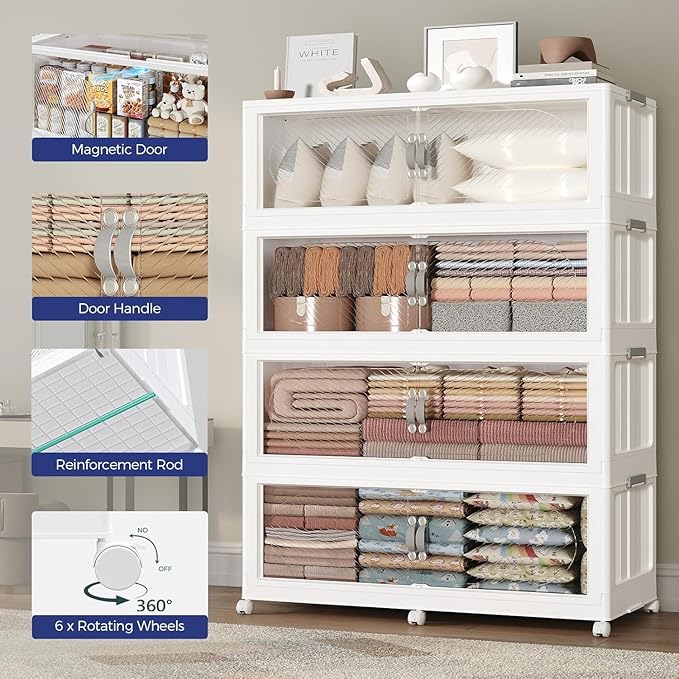 1200QT Extra Large Stackable Storage Bins with Lid & Wheels & Doors, 300Gal Foldable Collapsible Closet Organizers, Plastic Cabinet Box Container Drawer for Home Kitchen Bedroom, 5Pack White