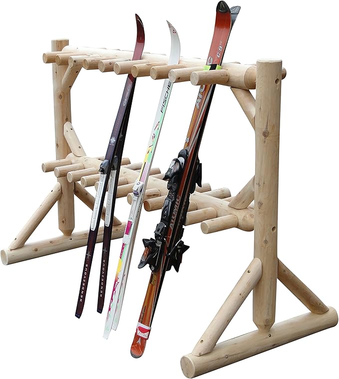 17-Place Freestanding Log Ski Rack Holder, Indoor & Outdoor Snowboard Racks, Standing Storage, Garage Racks for Snow Skis, Durable Snowboard Rack Garage Storage Organizer - Unfinished