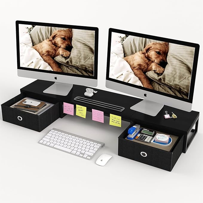 Dual Monitor Stand Riser with 2 Drawers - 39Inch Large Storage Computer Monitor Stands for 2 Monitors, Wooden Desktop Organizer Perfect for Home Office Desk, Computer, Laptop, TV, Black