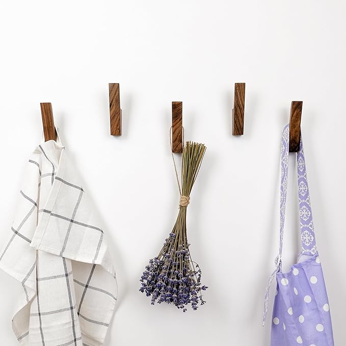 Wall Hooks - Set of 4 - Dark Walnut or Light Ash Wood Coat Hooks for Hanging Hat, Purse, Backpack, Bag, Jacket. Modern Farmhouse Decor for Wall and Practical Entryway Hooks (Walnut Wood)