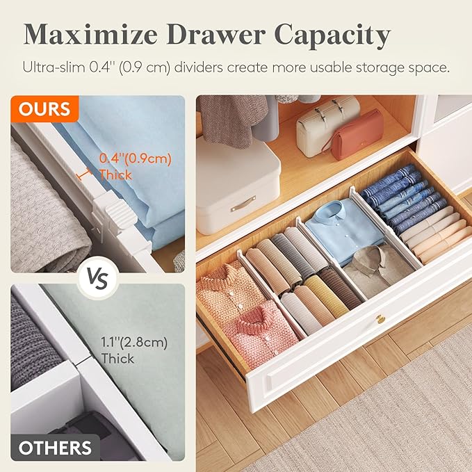Lifewit 5" Tall 12 Pack Deep Drawer Dividers, 11.5-18.5" Expandable Drawer Divider for Clothes, White Dresser Drawer Storage Organizers, Clothing Drawers Separators for Dresser, Kitchen, Bedroom