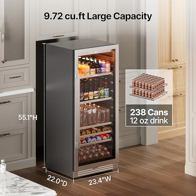Ca'Lefort 24 Inch Beverage Refrigerator, 238 Cans Tall Beverage Fridge with Glass Door, 40-65°F Drink Fridge with 3 LED for Bar/Kitchen/Office, Freestanding or Built-In Beer Cooler for Beer/Soda/Wine
