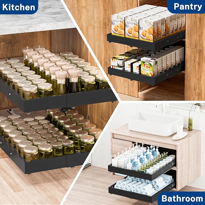 Pull Out Cabinet Organizer Expandable (12.4"-20.08")W & (16.26"-22.44")D, Insputer Slide Out Drawers for Kitchen, Pantry with 2Pcs Magnetic Panel, 3 Slide Rail, No Drill Adhesive Roll Out Shelf Black