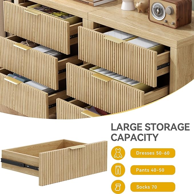 3 Drawer Dresser, Mid Century Modern Chest of Drawers with Waveform Panel, Large Fluted Dresser with Wide Drawers Wood Storage for Bedroom, Hallway, Entryway, Nature