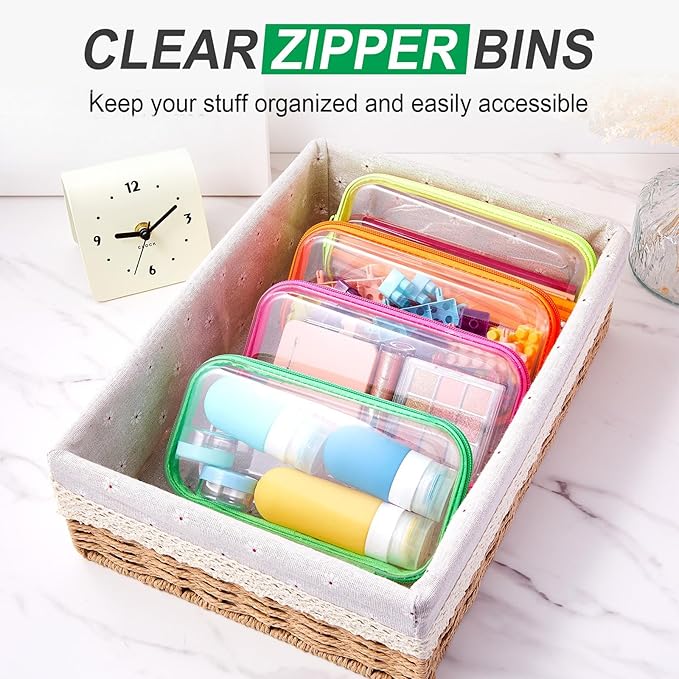 Hoolerry 4 Pcs Hard Clear Zipper Case Makeup Bags Plastic Pencil Pouch Transparent Storage Box Containers for Cosmetics, Snacks, Building Blocks, Puzzles(Fluorescent,7.5 x 3.9 x 2 in)