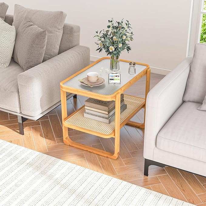 GOFLAME Bamboo Side Table Set of 2 with Glass Top, 2-Tier End Table with PE Rattan Shelf, Ideal for Bedroom, Living Room