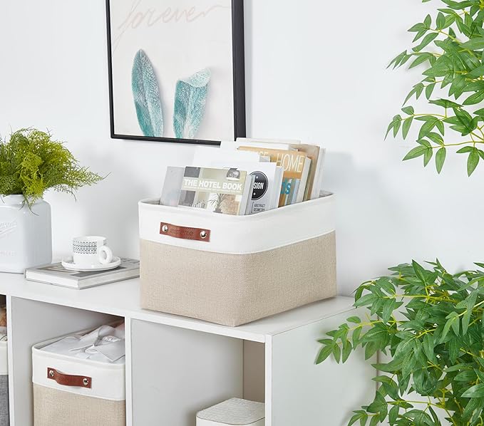DECOMOMO Storage Baskets for Shelves - Fabric Storage Bins, Linen Closet Organizers and Storage (Beige & White, Large - 4 Pack)