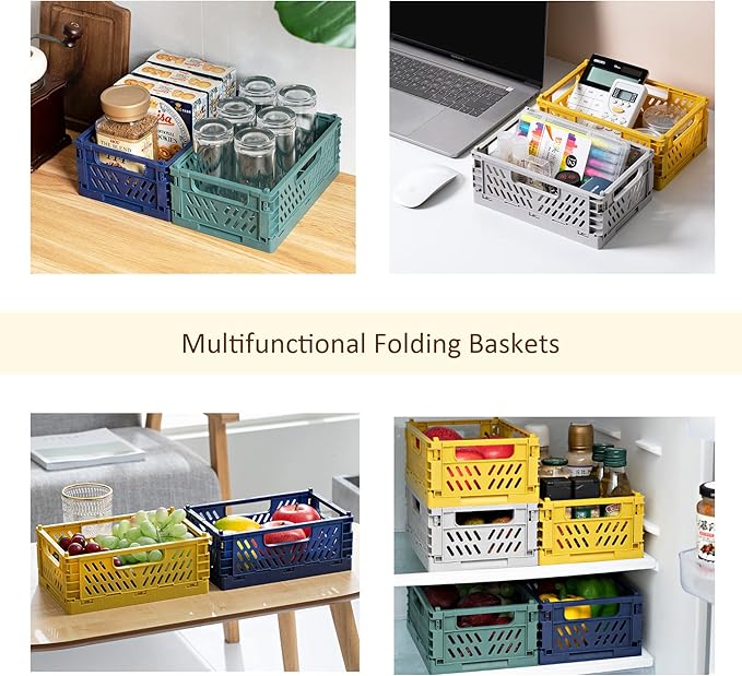 Domiella 2-Pack Crates for Storage, Storage Crates Plastic Stackable, Foldable Crate for Office Home Kitchen Bedroom Bathroom (Small, Golden Yellow)