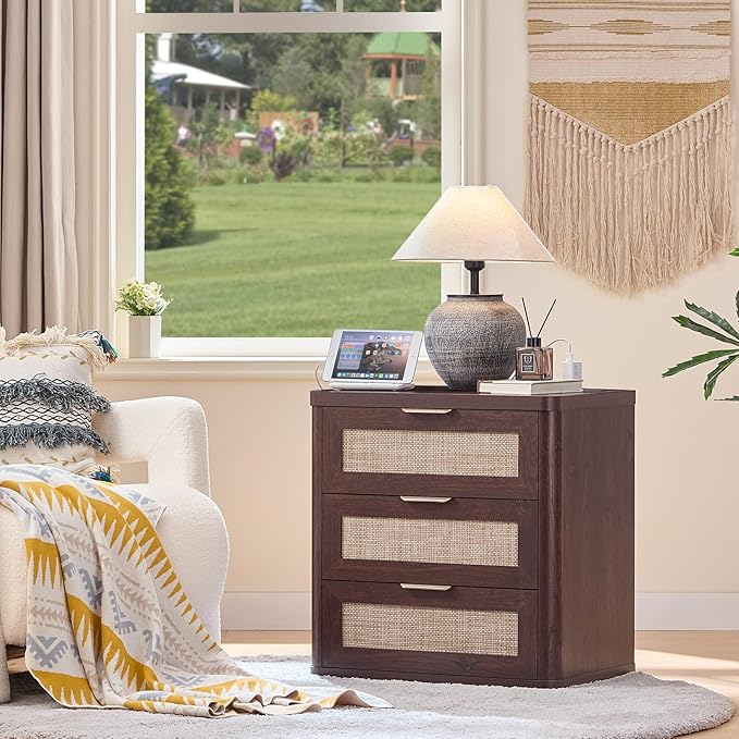 LEYAOYAO Rattan Night Stand Set of 2 with Charger Station, 23" Large 3 Drawer Boho Nightstand, Walnut Bedside Table Storage Cabinet, Bed Side End Tables for Bedroom, Living Room, Hallway