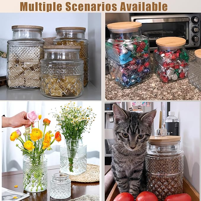 Viovian 1 Gallon Glass Jar with Lid Spoon 120 OZ Square Wide Mouth Glass Storage Jars Airtight Large Vintage Canister Container for Candy Cookie Sugar Coffee Tea Nuts Flour Dog Treat Laundry Pods