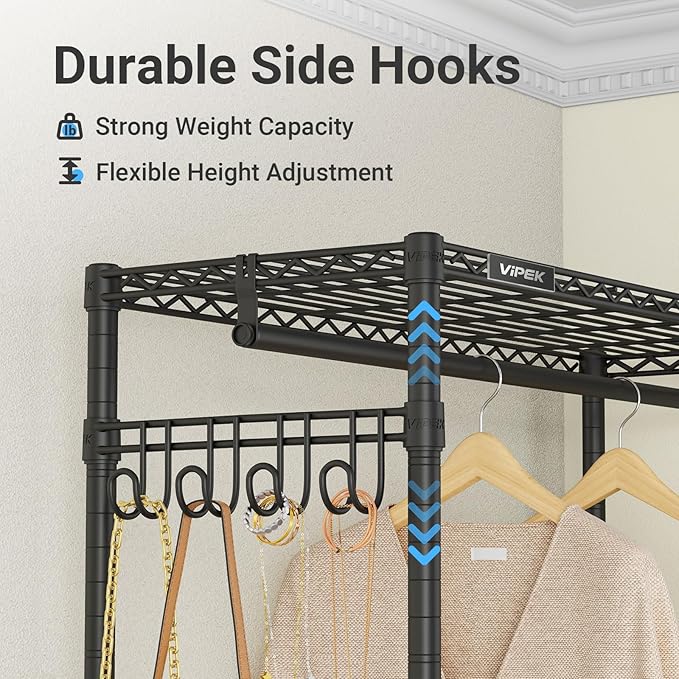 VIPEK V4C Garment Rack with Cover, Heavy Duty Portable Closet Adjustable Metal Clothing Rack for Hanging Clothes with Hanging Rods & Side Hooks, Max Load 810lbs, Black Rack with Grey Cover