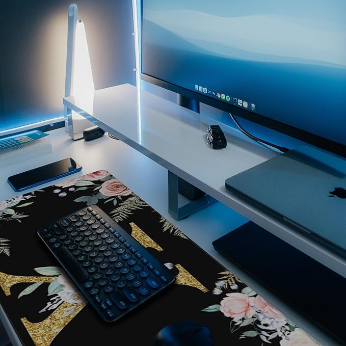 Large Gaming Mouse Pad for Desk, Flower Golden Letters X Desk Mat, 35.4"x15.7" Big Mouse Pad with Non-Slip Base and Stitched Edge, Long Computer Keyboard Mouse Mat for Home Office Work