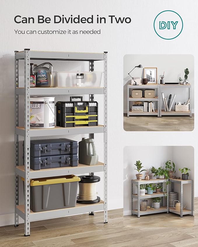 SONGMICS 5-Tier Storage Shelves, Load 2310 lb, Set of 2 Garage Storage, Boltless Assembly, Adjustable Shelving Unit, 11.8 x 29.5 x 59.1 Inches, for Study Shed Basement, Silver UGLR300E02