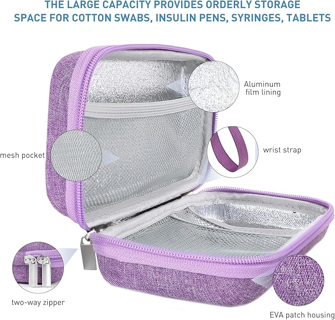 Insulin Cooler Travel Case,EVA Insulation Travel Medicine Kit with 2 Ice Packs for Diabetes Care,Insulin Pen and Other Diabetic Supplies (Purple)