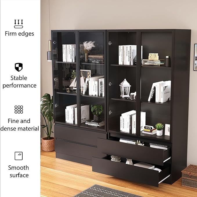 Wooden Display Cabinet with Glass Doors & 2 Drawers,LED Lights Glass Display Case,Showcase for Collections, Curio Cabinets, Bookcase and Glassdoor Display Cabinet(Black- 2 Drawers)