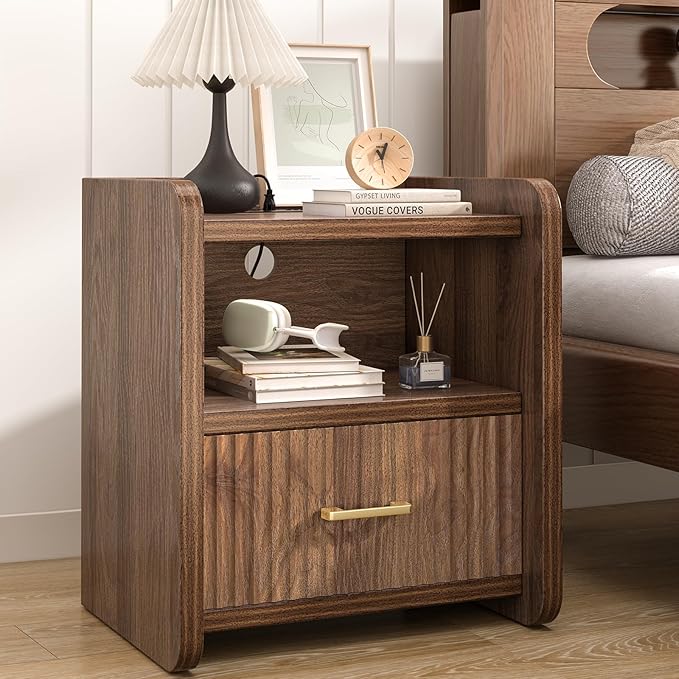 Night Stand with Charger Station, Fluted Nightstands Set of 2 with Drawer, Modern Bedside Table Set of 2, Wide Nightstands for Bedroom, Mid Century Wooden Night Stands for Home Sofa Couch
