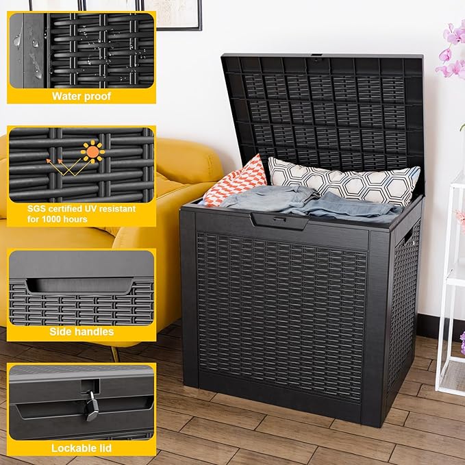 37 Gallon Outdoor Deck Box,Storage Lockable Waterproof Patio Furniture,Garden Tools,Cushions,Pool Accessories Outside Storage Resin Box(Black)