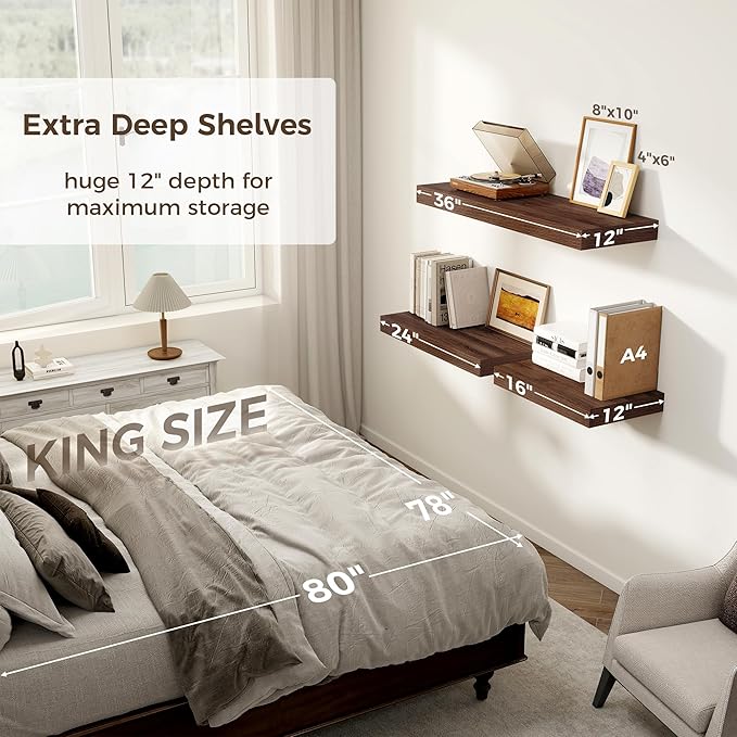 12 Inch Deep Floating Shelves, 24 x 12 Floating Shelf for Books, Rustic Wood Deep Wall Shelves for Home Storage & Display, 2" Thicked Shelves for Kitchen, Living Room, Bedroom, Walnut Color, 1 Pack