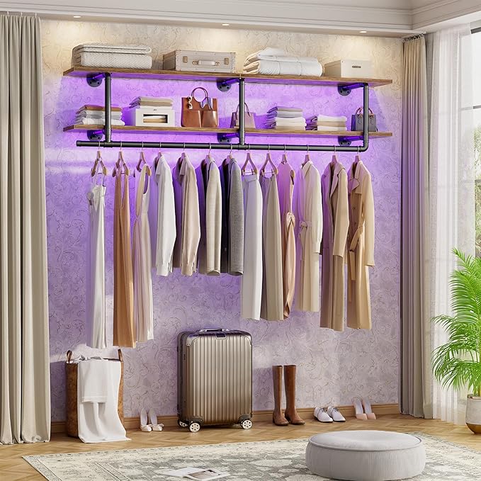 Aheaplus Industrial Pipe Clothes Rack with Top Shelf, 47In Space-Saving Wall Mounted Clothing Rack, 2 Tiers Heavy Duty Pipe Clothing Shelves with Hanging Rod for Laundry Room, Closet, Rustic Brown