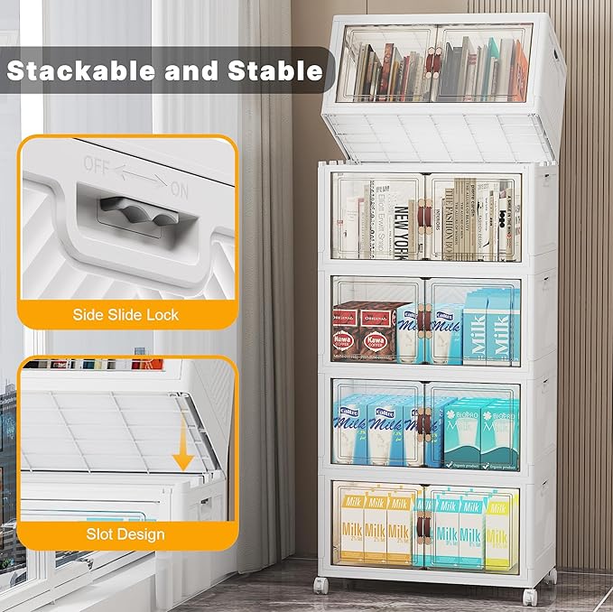 Extra Large Stackable Storage Bins with Lids & Wheels & Door, 260QT-52QT/13GAL*5Pack Foldable Collapsible Closet Organizers, Plastic containers drawers for bedroom Dorm