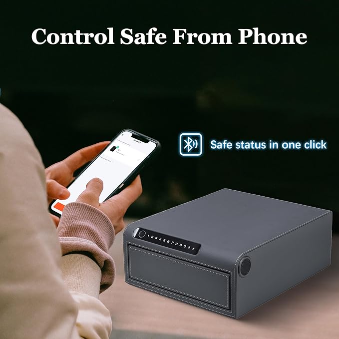 Jewelry Safe with Drawers，Biometric Fingerprint safe, Slide-Away Handgun Safe for Pistols, Leather Wrapped Jewelry Storage Safe, Digital Keypad & Quick-Access Drawer (Grey- 1 Drawer)