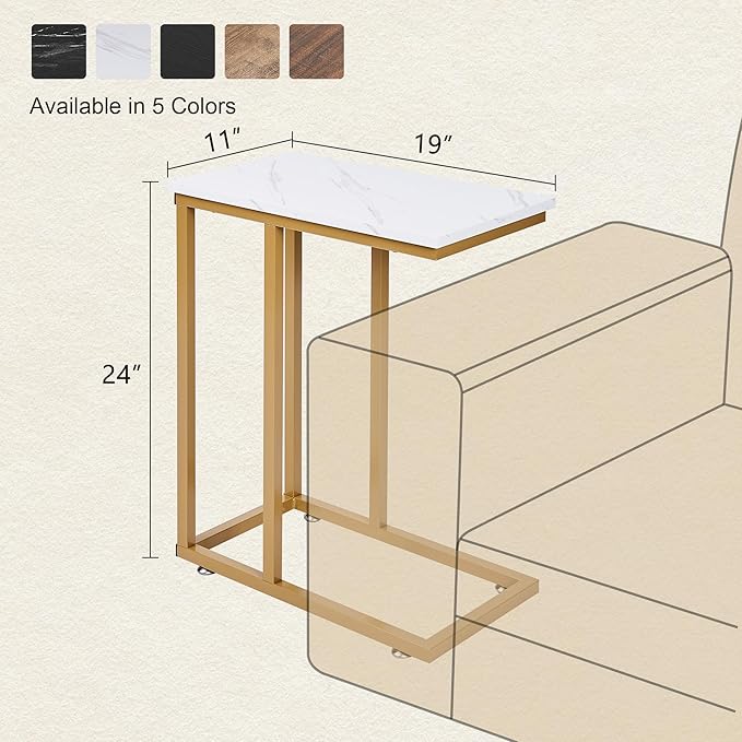 VECELO C Shaped End Side Table for Sofa Couch and Bed Snack TV Tray for Living Room Bedroom, 1 PCS, Gold