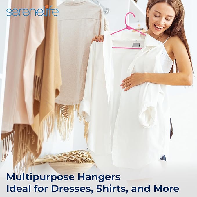 SereneLife Premium 10 Pack Plastic Hangers, Lightweight, Durable, Space Saving Clothes Organizers, Suitable for Shirts, Sweaters, Hoodies, Dresses, Kids Clothes, Good for Home Organization (Pink)