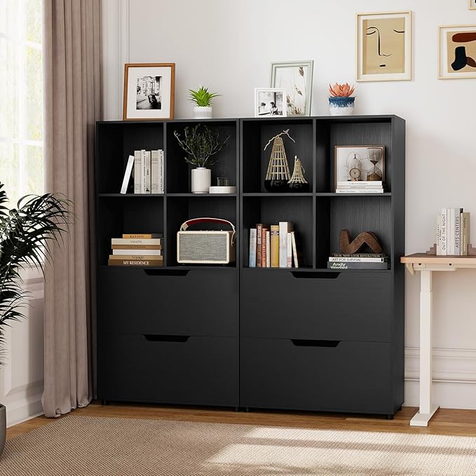 GOFLAME 4-Tier Bookcase with 2 Drawers, 51” Tall Bookshelf with 4-Cube Open Shelf, Wood, Modern, Freestanding Display Storage Organizer Shelf for Living Room, Home Office (2,Black)