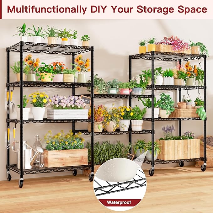 PrimeZone Wire Shelving Unit with Wheels, 5 Tier Adjustable NSF Certified Heavy Duty Metal Storage Shelves, Pantry Organizer Rack Rolling Kitchen Shelf for Closet, 24" W x 18" D x 75" H, Black, 4 PCS