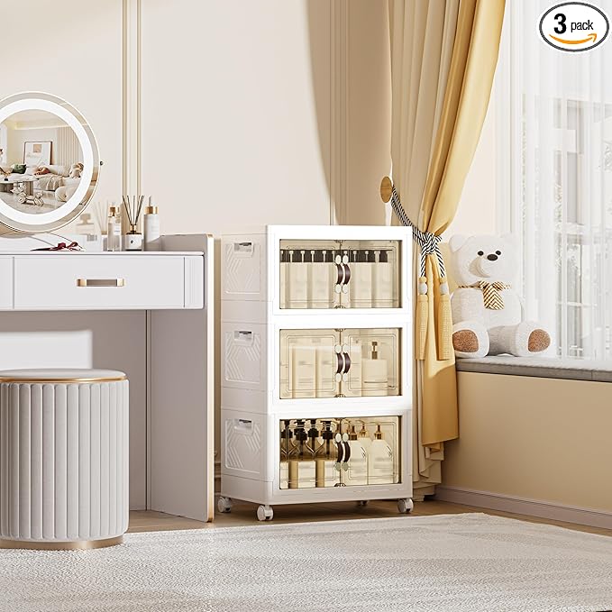 108 QT / 27 Gal Magnetic Double Door Cabinet with Wheels - Foldable Stackable Design, Leather Handles, Water Resistant Organizer for Bathroom, Kitchen