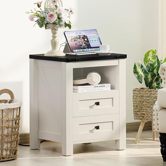 Nightstand with Charging Station and USB Port, Farmhouse Side End Table with 2 Drawers and Open Shelf, Wood Rustic Sofa Table, Bedside Cabinet for Bedroom, Living Room, Closet, Office (White)