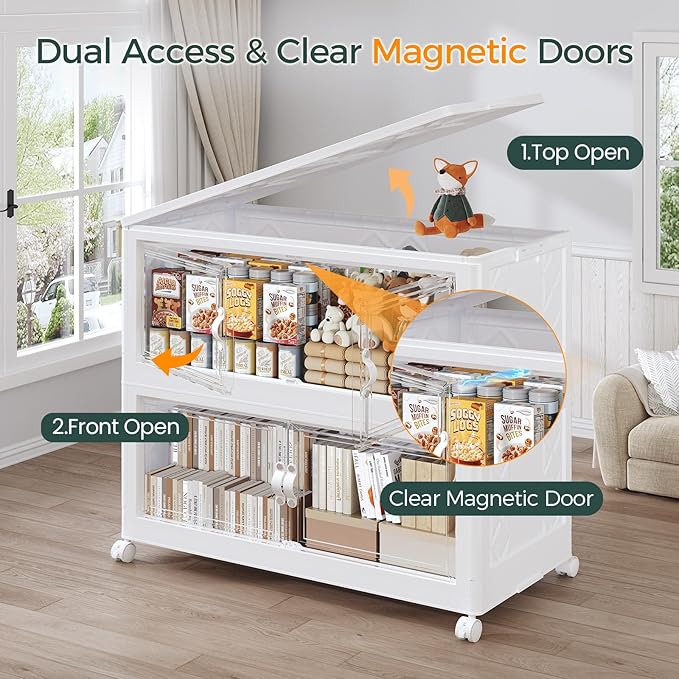 540QT Extra Large Stackable Storage Bins with Lid, 135Gal Collapsible Closet Organizer Box with Wheels, Folding Plastic Storage Cabinet with Doors for Home Kitchen Office Dorm, 3Pack White