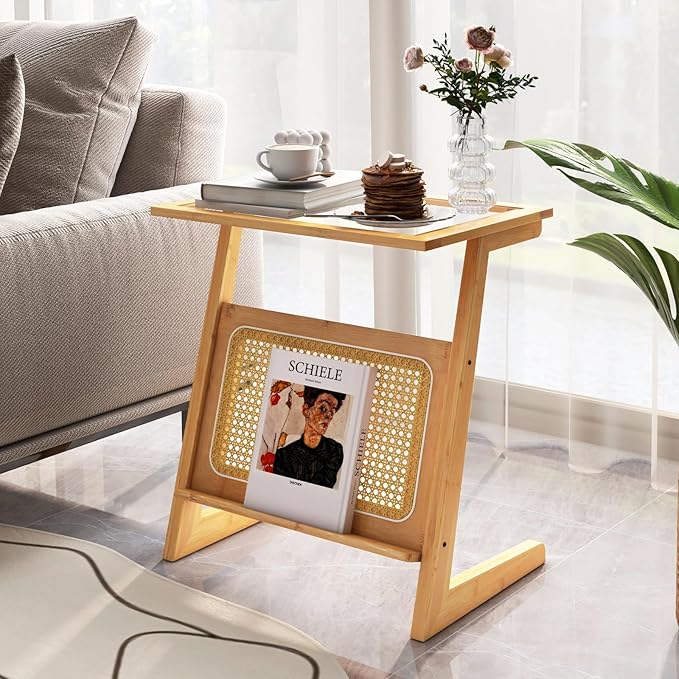 GOFLAME Rattan Side Table Set of 2, Z-Shaped End Table with Magazine Rack, Bamboo Sofa Side Accent Table with Glass Top, Small Boho Nightstand, Bedside Table for Small Space, Living Room, Bedroom