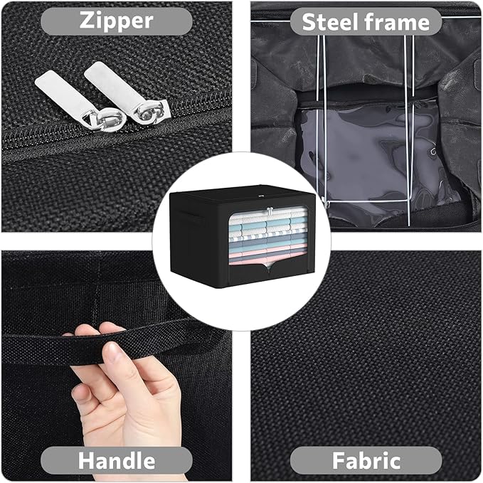 FHSQX 3 Pack Clothes Storage Bins Foldable Metal Frame Storage Box Stackable Linen Fabric Organizer Set with Carrying Handles and Clear Window (Black, 15.7x11.8x7.8inch(22L))