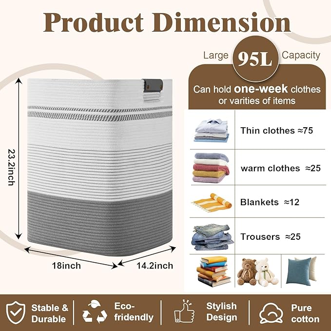 Laundry Hamper, 95L Tall Laundry Basket with Leather Handles, Rectangle Large Clothes Hamper for Organizing, Cotton Woven Laundry Baskets Storage Hampers for Bedroom, Nursery, Living Room