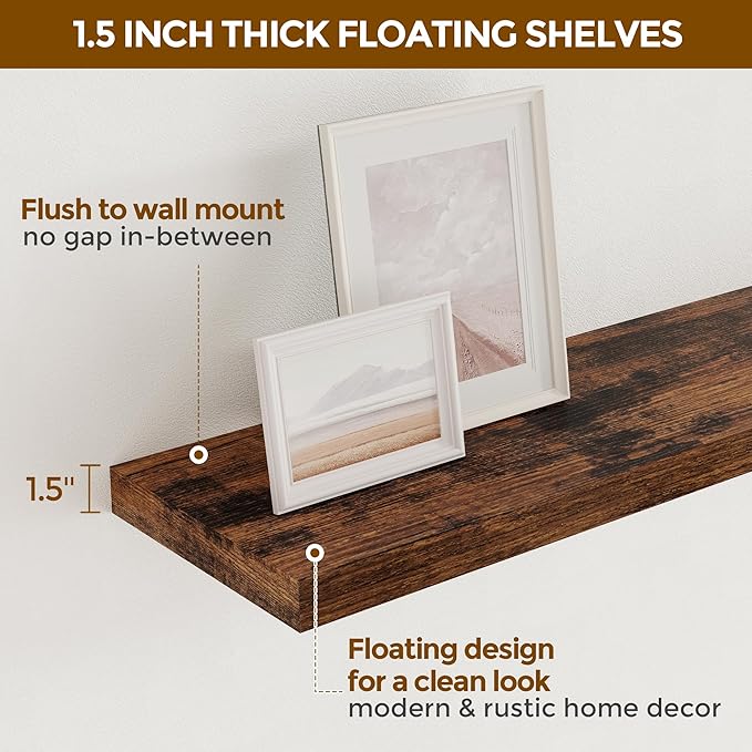 Fun Memories 40 Inch Floating Shelvese, 40" W x 9.3" D Floating Shelf Set of 2, Farmhouse Wood Wall Shelves for Bedroom, Kitchen, Wall Mounted Deep Shelving for Home Decor, Rustic Brown Color
