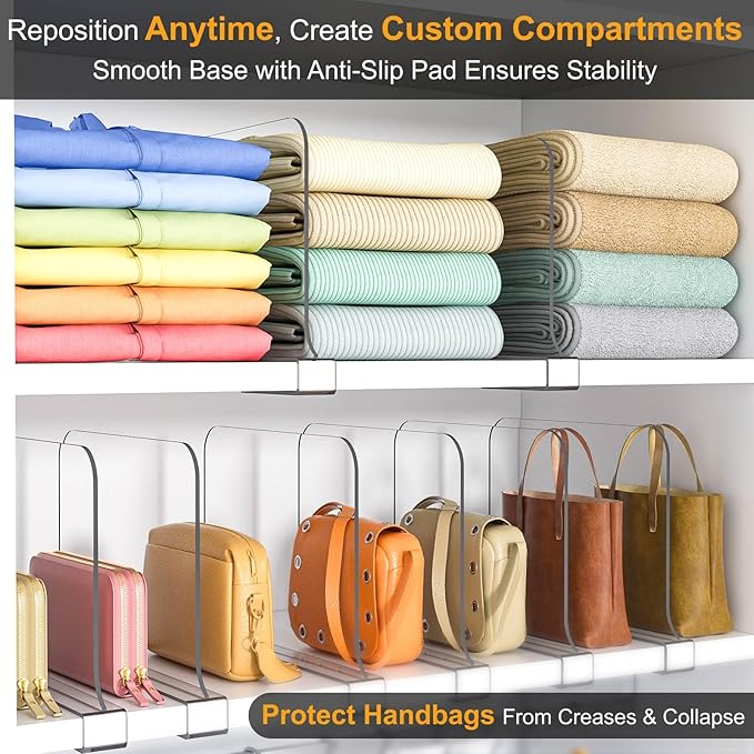 OKPOW Shelf Dividers for Closet Organization: 4 Pack 8" Tall X 12" Deep Acrylic Clear Sturdy Separators for Clothes Purse - Easy Install Adjustable Maximize Bedroom Space for Home Organizer & Wife