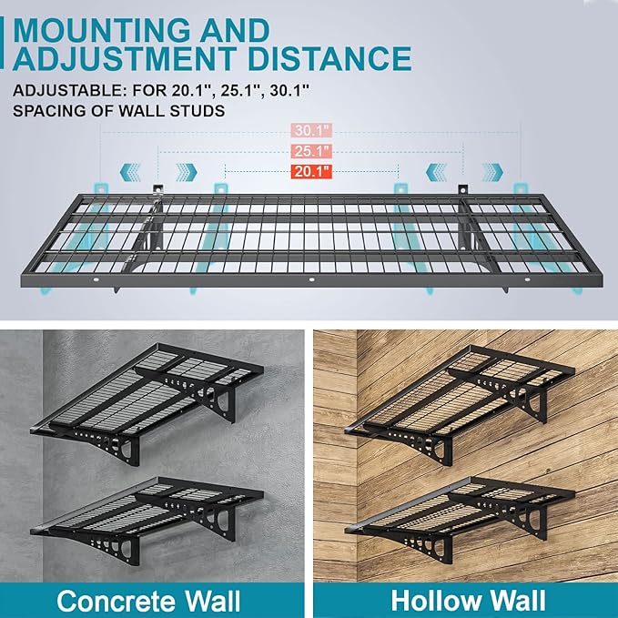 2-Pack 1.5×3.8ft Garage Wall Shelving, 18×45.6 inches Heavy Duty Wall Mounted Shelves, Garage Storage Shelf, 500 lbs Load Capacity, Black (Black, 2 Pcs 1.5 * 3.8 ft)