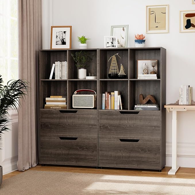 GOFLAME 4-Tier Bookcase with 2 Drawers, 51” Tall Bookshelf with 4-Cube Open Shelf, Wood, Modern, Freestanding Display Storage Organizer Shelf for Living Room, Home Office (2,Gray)